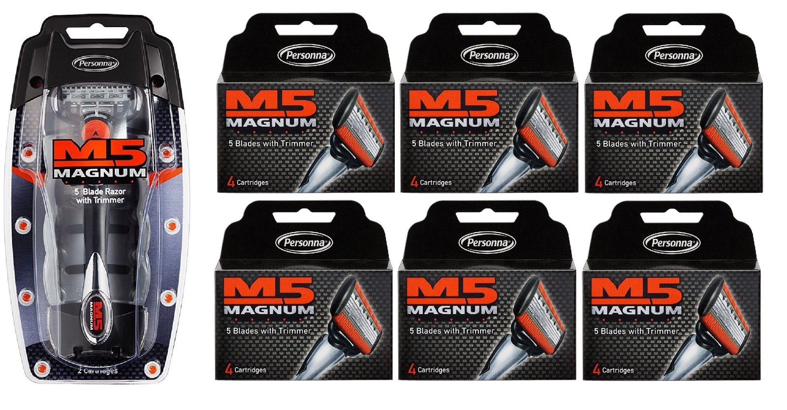 Personna M5 Magnum 5 Razor + 24 M5 Magnum Blade Cartridges + Eyebrow Trimmer
