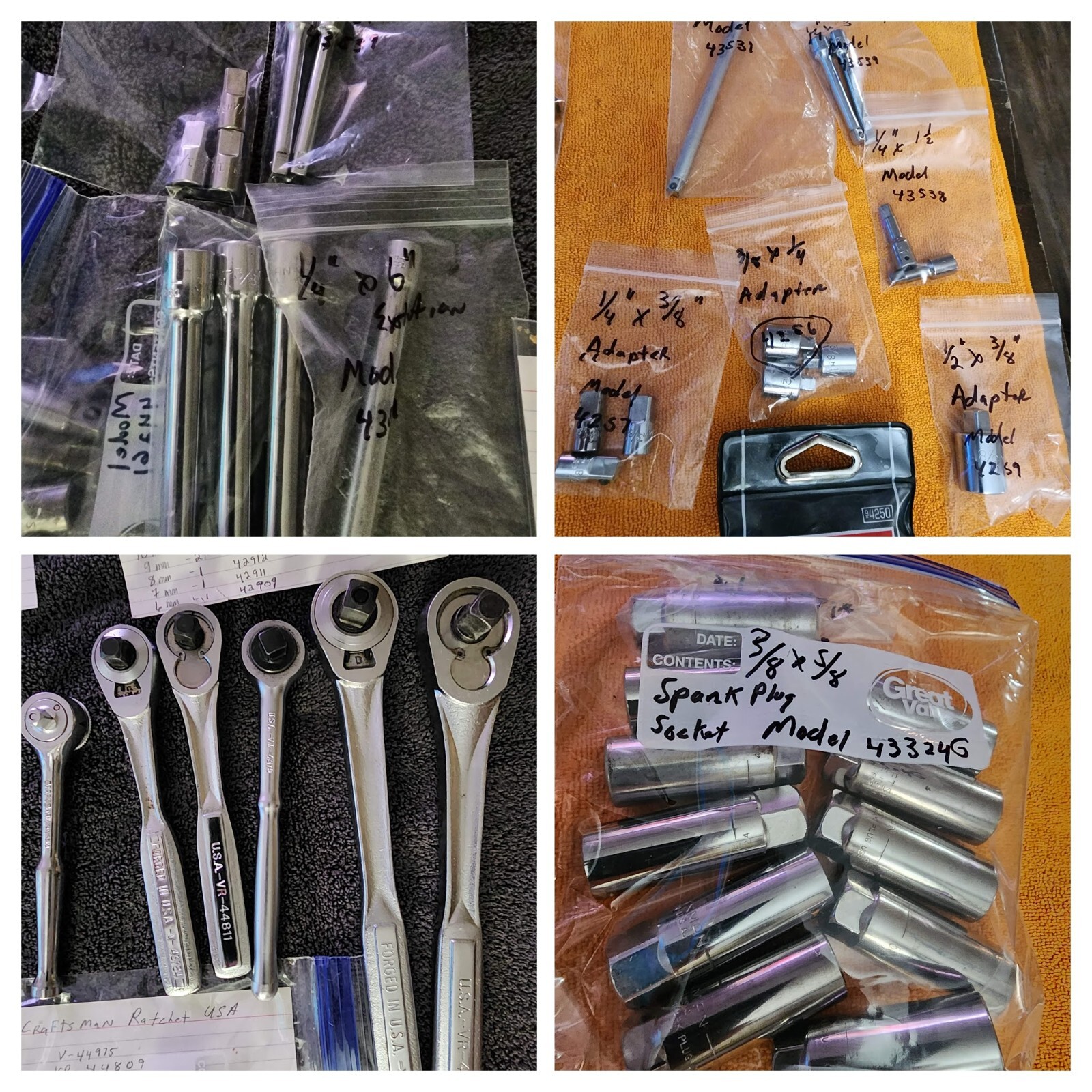 Craftsman 1/2", 3/8" & 1/4" Ratchets, Extensions, Adaptors/Sparkplug Socket USA