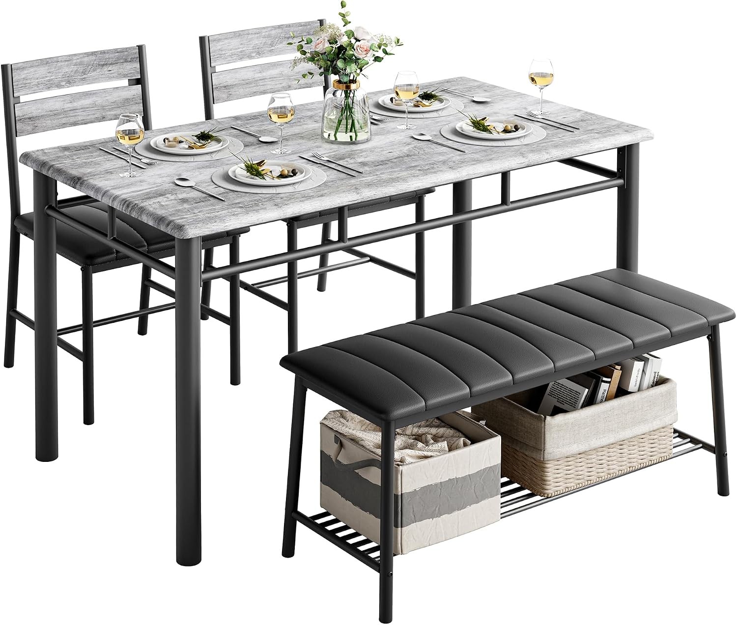 Dining Table Set 4 Kitchen Table W/ Upholstered Bench & 2 Chairs Kitchen Table &