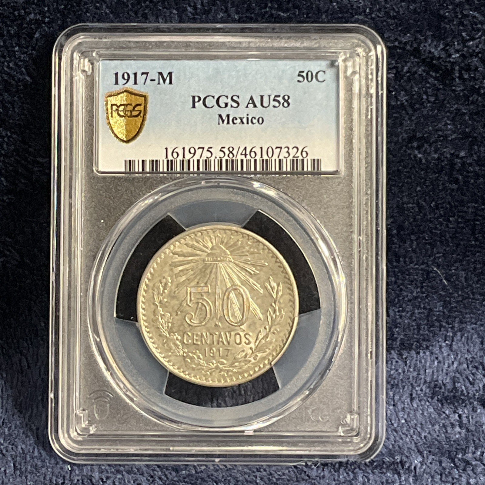 1917-M Mexico 50 Centavos Silver Coin PCGS Gold Shield AU58 LOW POP