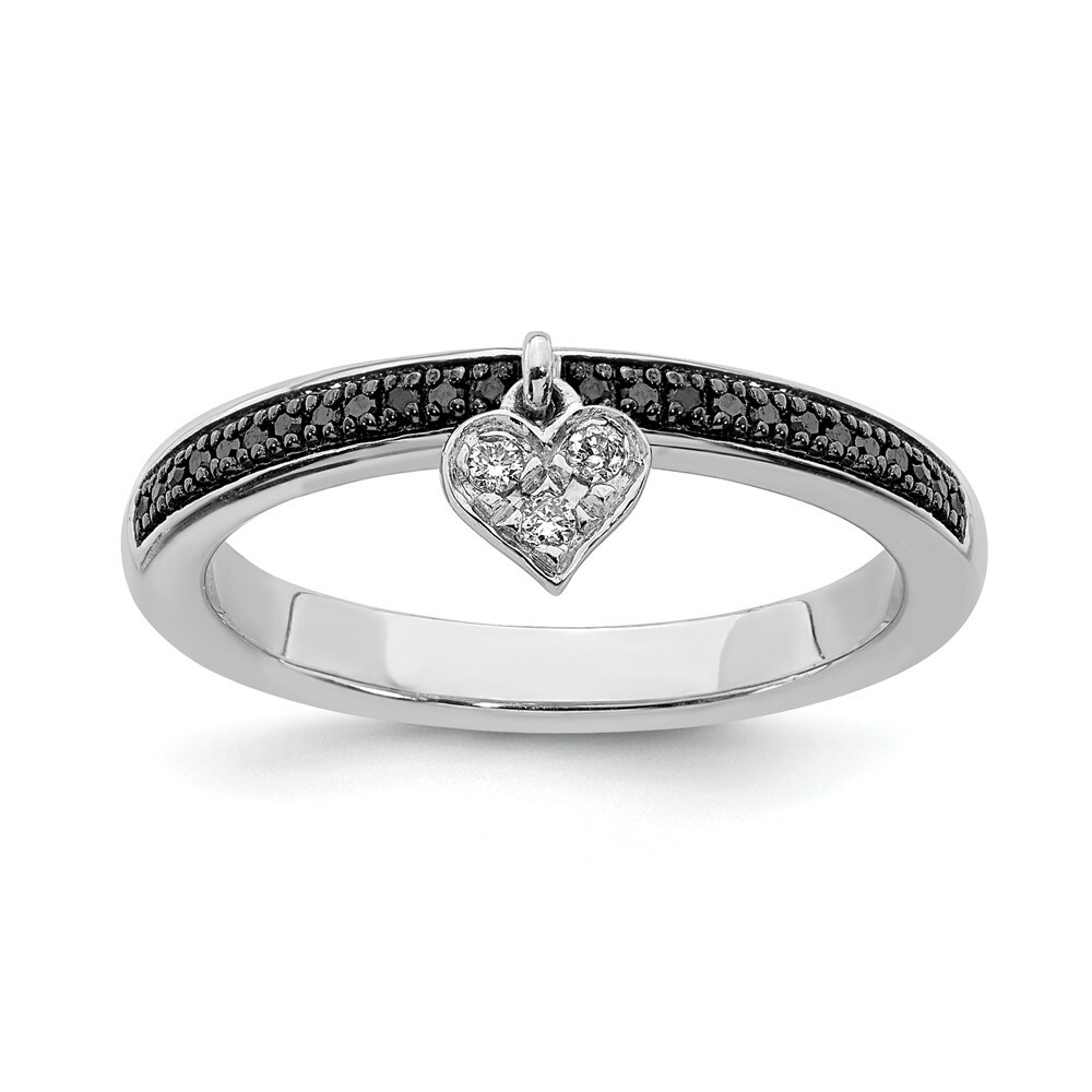 Sterling Silver Stackable Dangle Heart Ring with Black & White Diamonds QSK1061