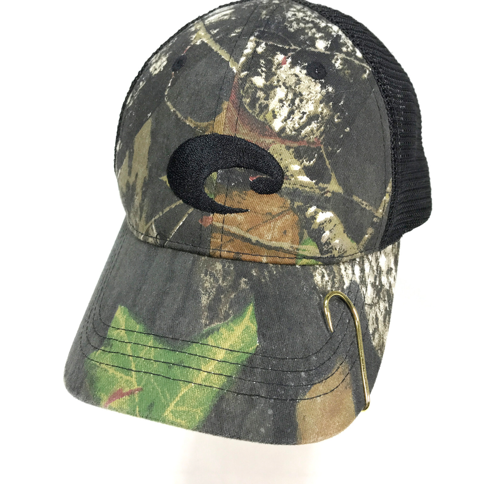COSTA DEL MAR Camo Black Mesh Strapback Trucker Cap Hat w/ Fish Hook Accent