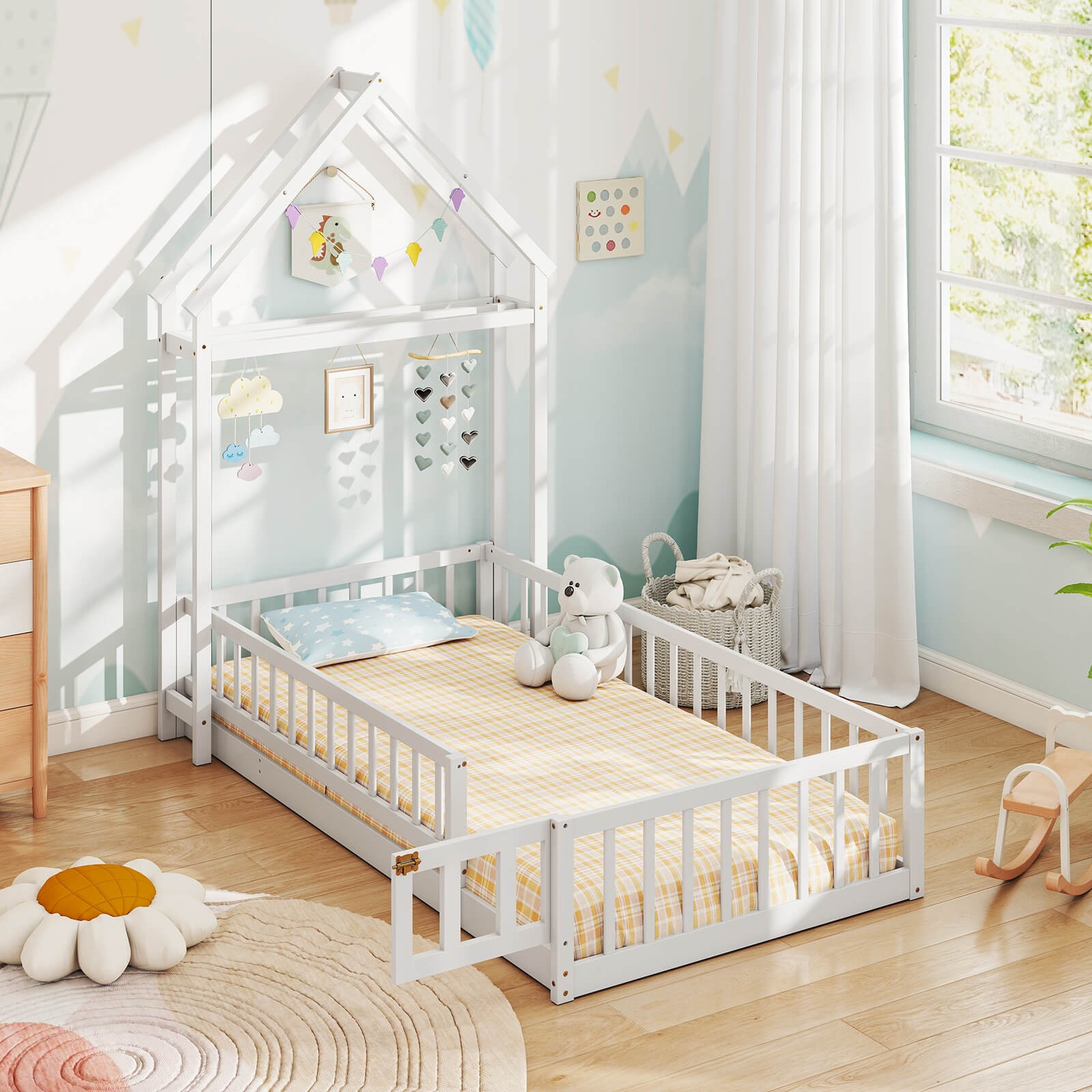 Twin Size House Floor Bed w/House-shaped Headboard Clothes Hanger w/out Slats