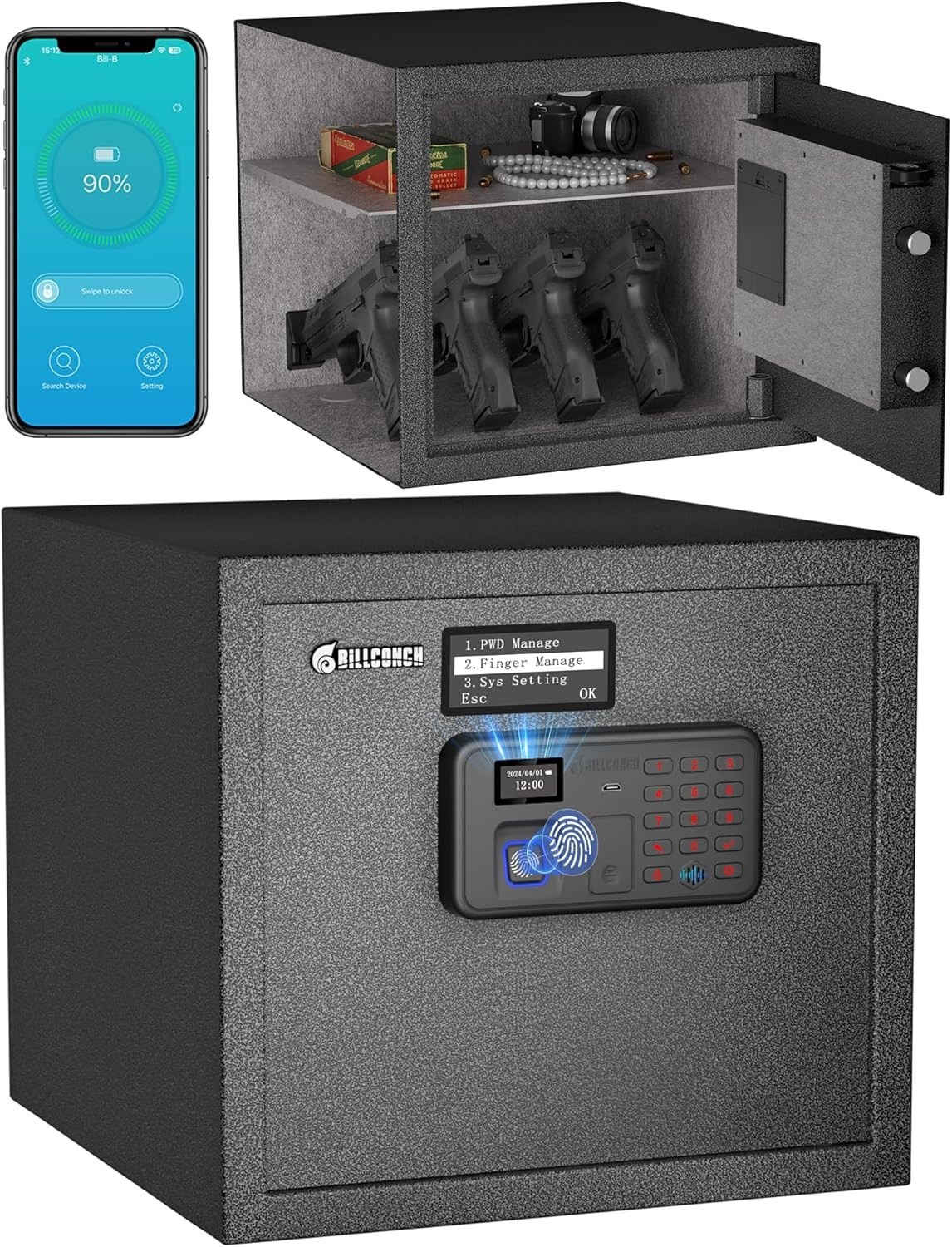 Biometric Gun Safe for Pistols Fingerprint Keypad App Quick Access