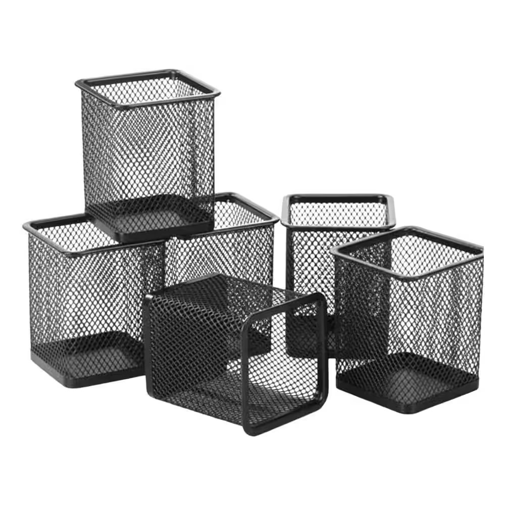 6-Pack Square Pegboard Cup Black Metal Mesh Pen Holder with Hooks Organizer Offi