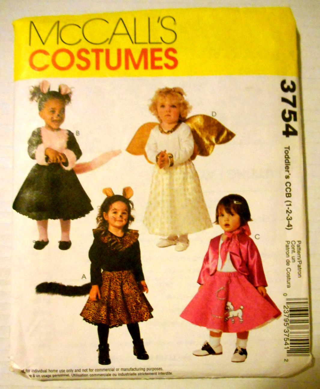 Halloween COSTUMES Toddler McCall's Pattern 3754 ANGEL CAT MOUSE 1950's Uncut