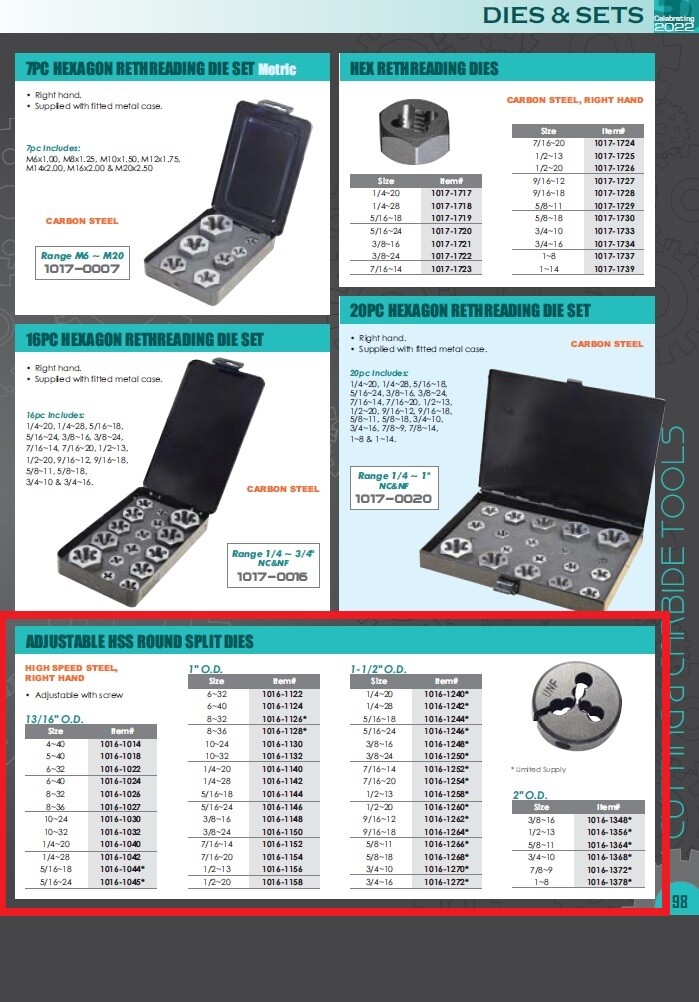 8-36 X 1" OD ADJUSTABLE ROUND SPLIT DIE (1016-1128)