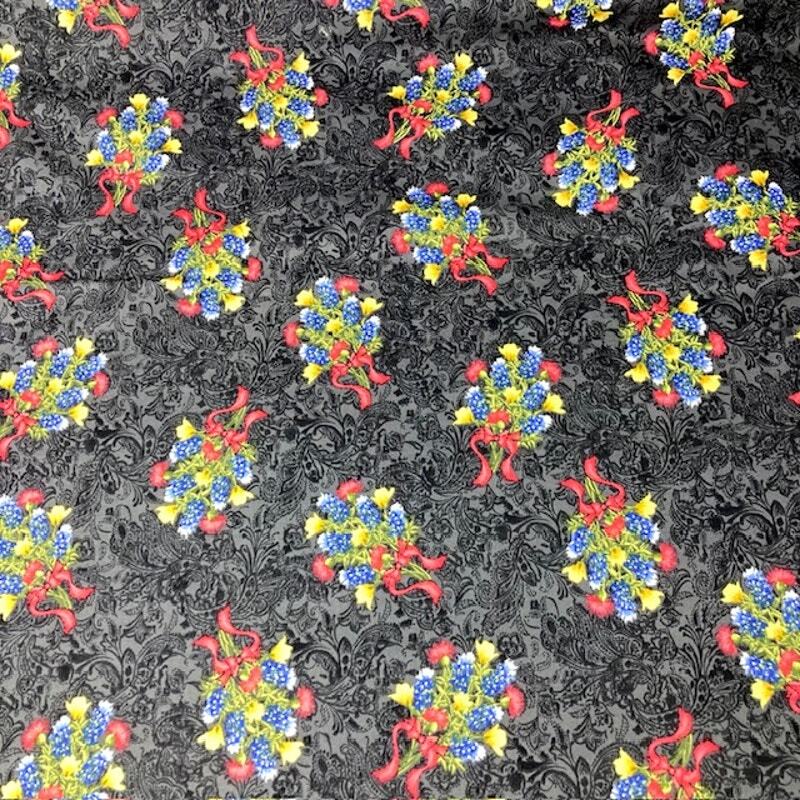 Bluebonnet Wildflower Bouquet Fabric with a Dark Grey Paisley style  Background