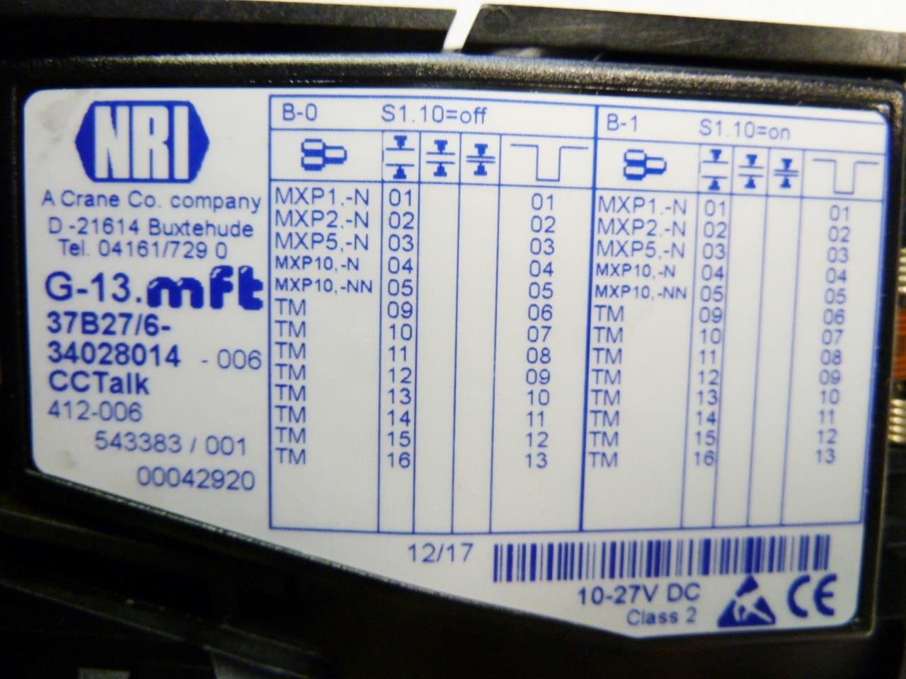 NEW - NRI Crane G-13.mft Electronic Coin Acceptor/Validator (CC Talk) NEW