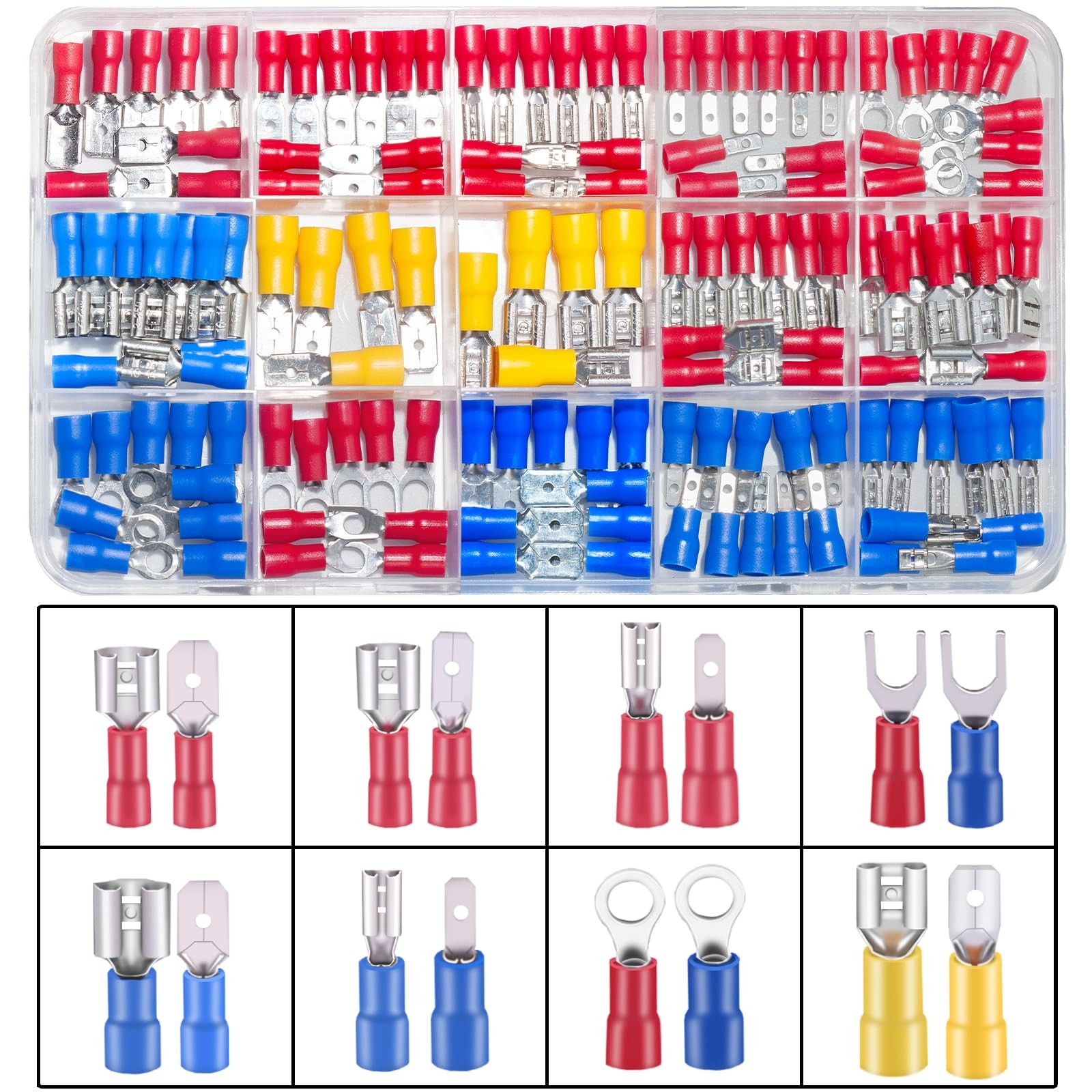 150PCS Crimp Connectors, 2.8mm 4.8mm 6.3mm Male and Female Red，Blue,Yellow