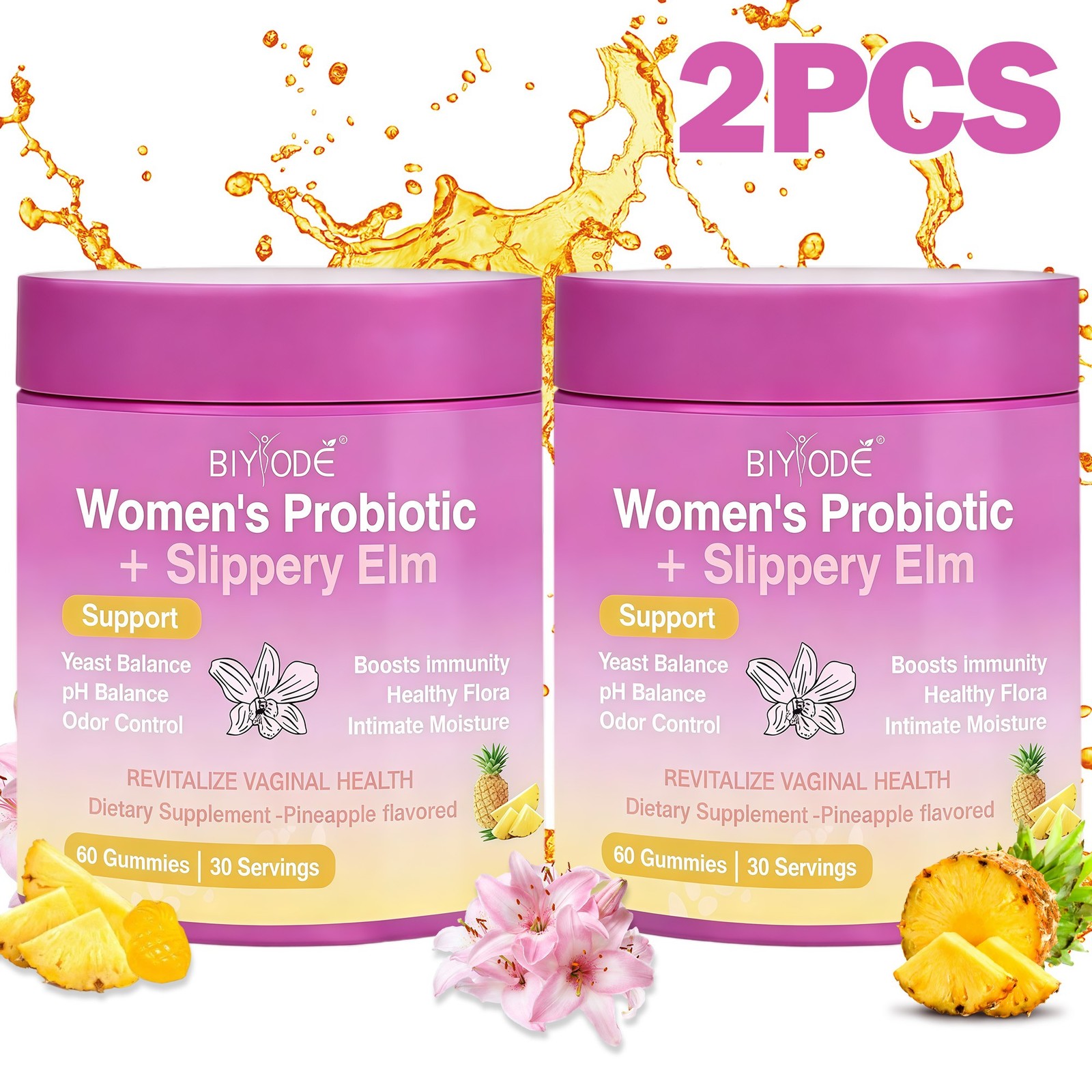 2PCS Women Vaginal Probiotic Gummies pH Balance Sugar Free Vegan Pineapple