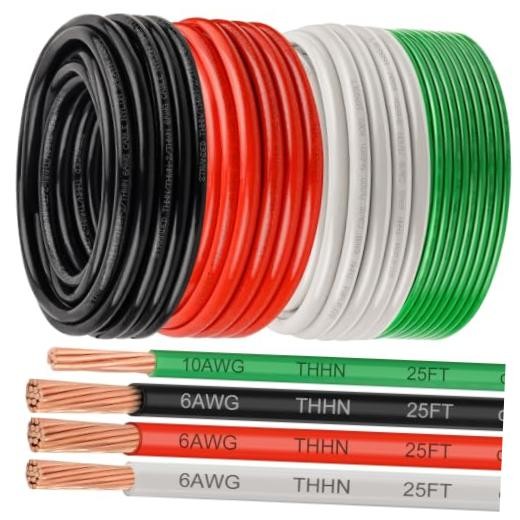 6 Gauge THHN Wire Kit 25 FT – 6 AWG Black, Red, White & 10 AWG 25FT 6AWG+10AWG