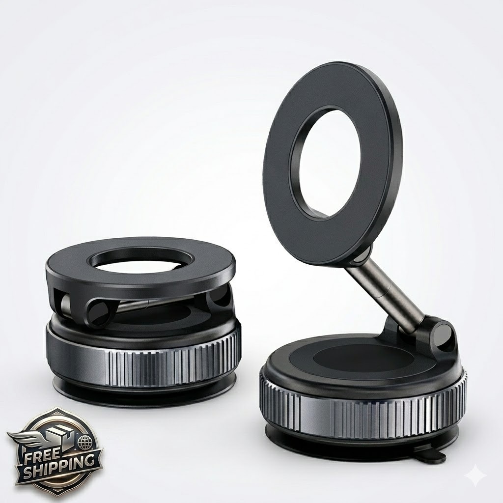 Magnetic Car Phone Holder Vacuum Suction Cup Mount 360° Rotating Foldable Black