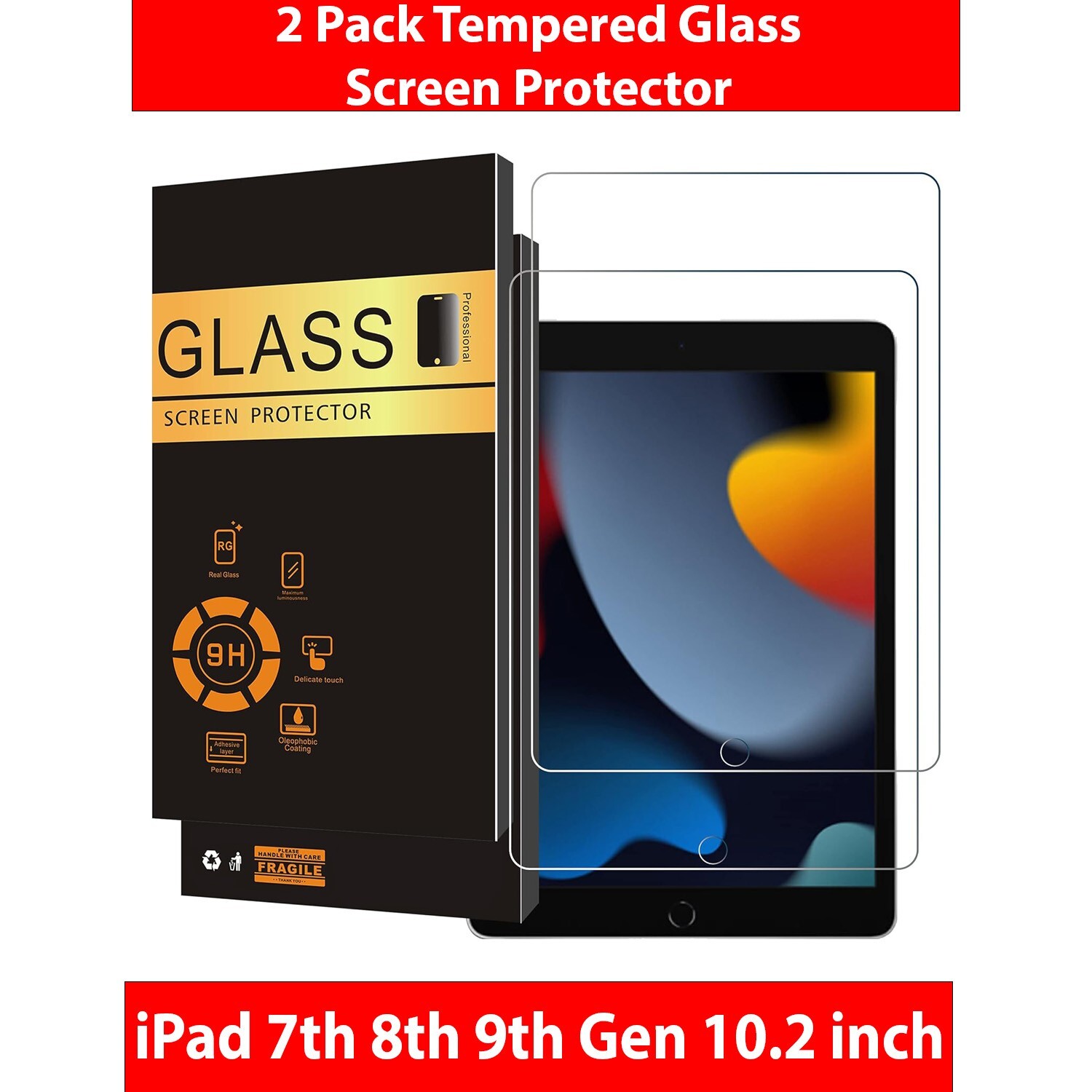 2-Pack Tempered Glass Screen Protector For Apple iPad 9th 8th Generation 10.2 in