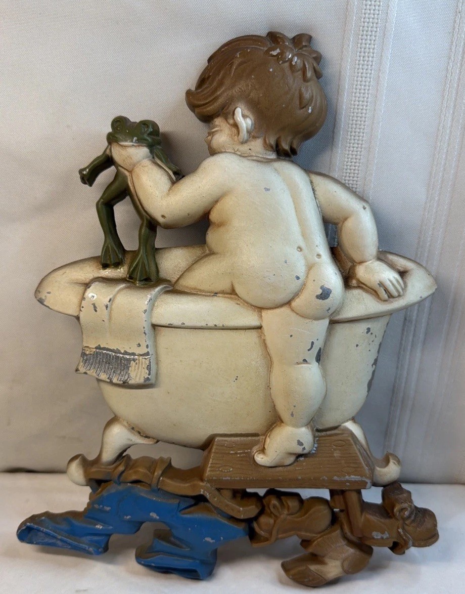 1970 Sexton Wall Hanging Boy In Bathtub With Frog Metal Art Bathroom Decor