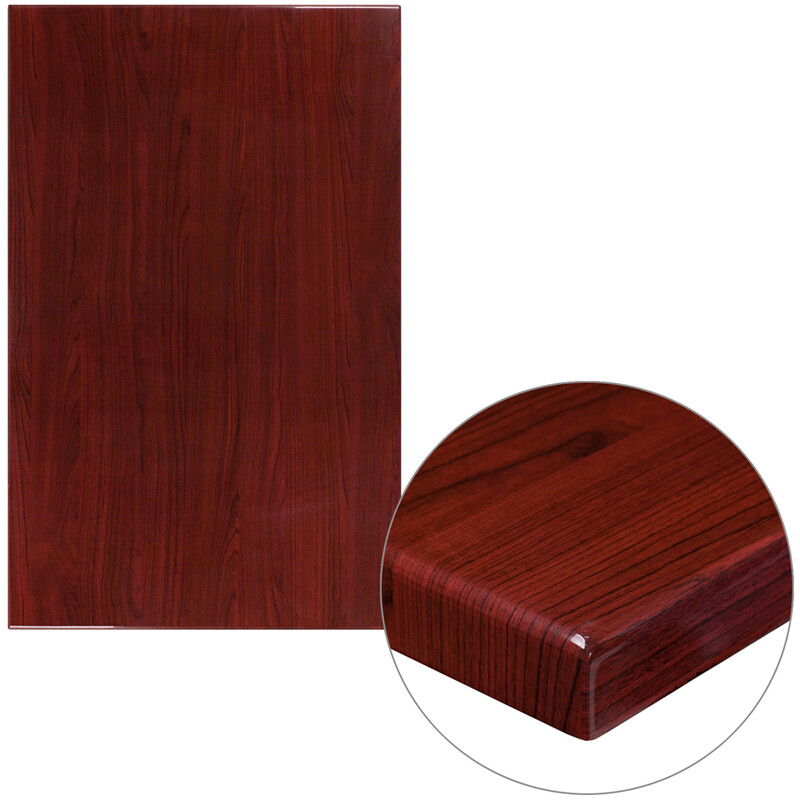 30" x 48" Rectangular Resin Restaurant Table Top in High-Gloss Mahogany Finish