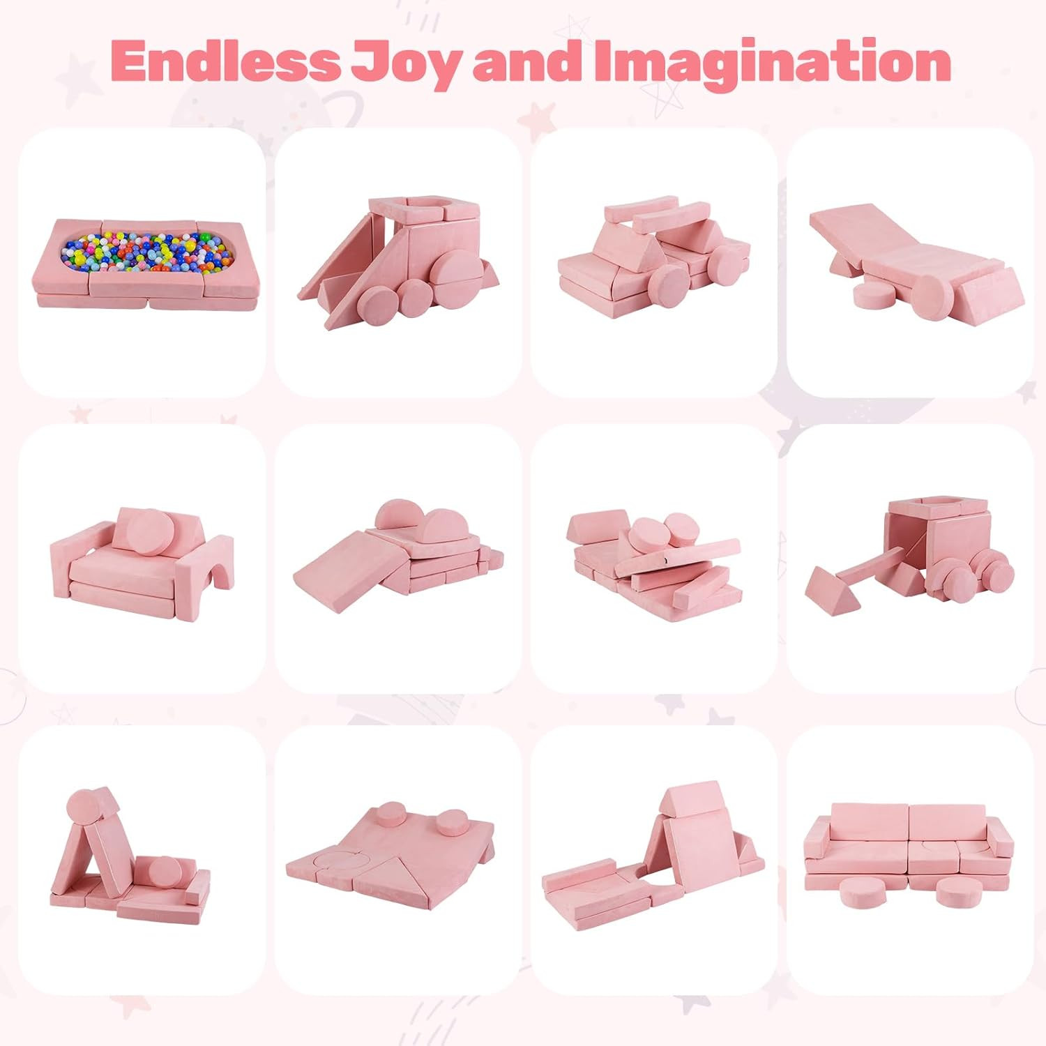 Modular Kids Play Couch - 13 PCS Soft Foam Sectional Sofa for Playroom (Pink)