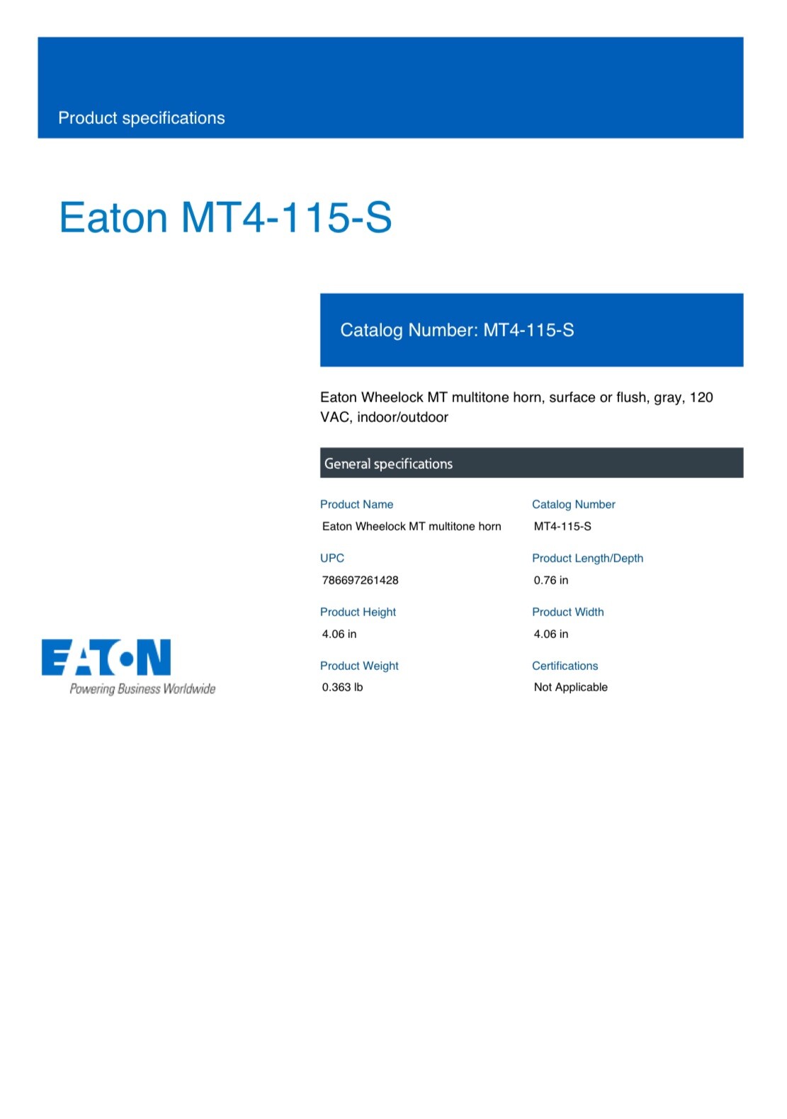 EATON Wheelock MT4-115-S 8 Multitone Electronic Horn