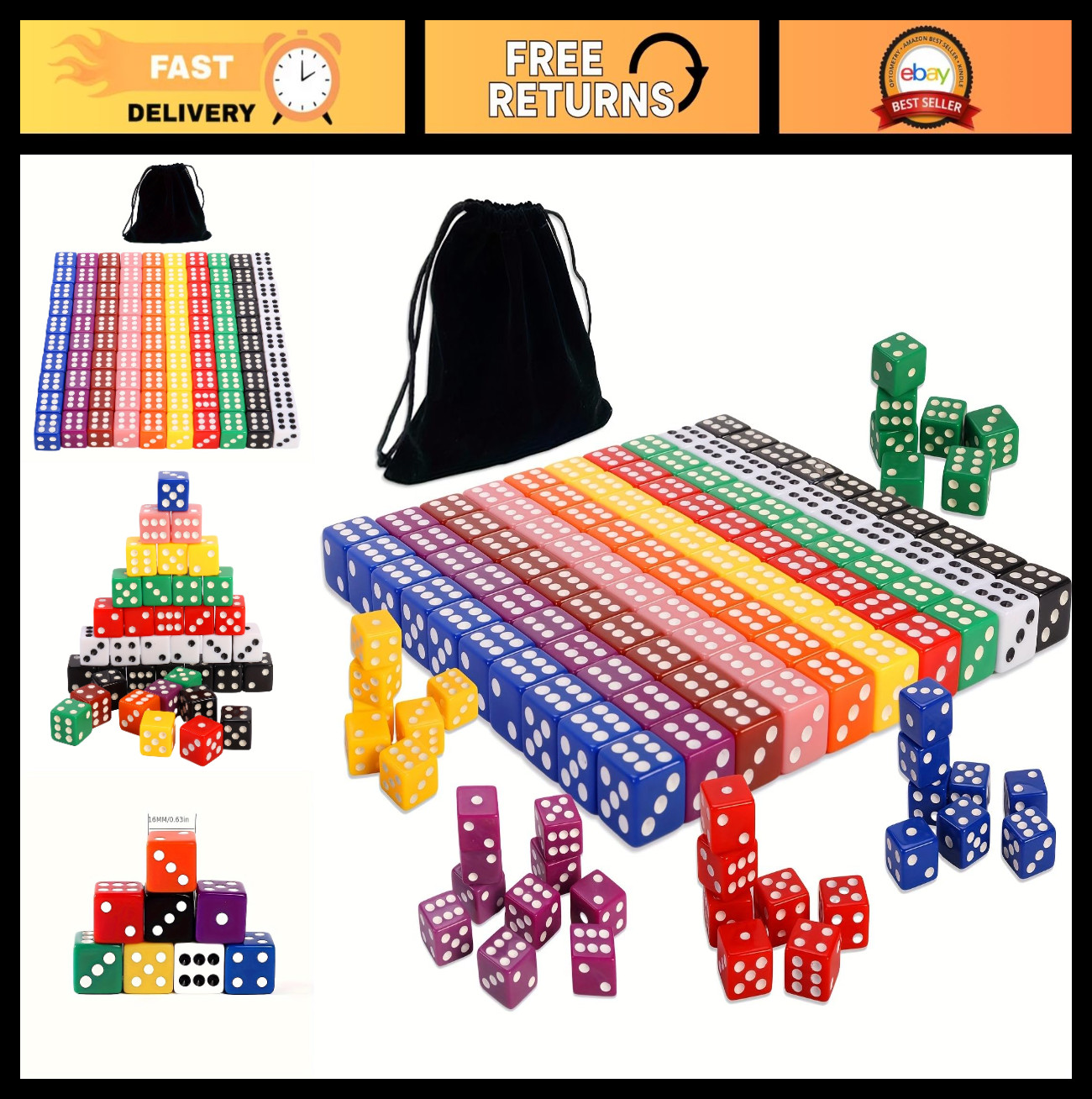 100PCS 16mm D6 Game Dice Set - 10 Bright Colors, Square Corners, Velvet Bag - Pe