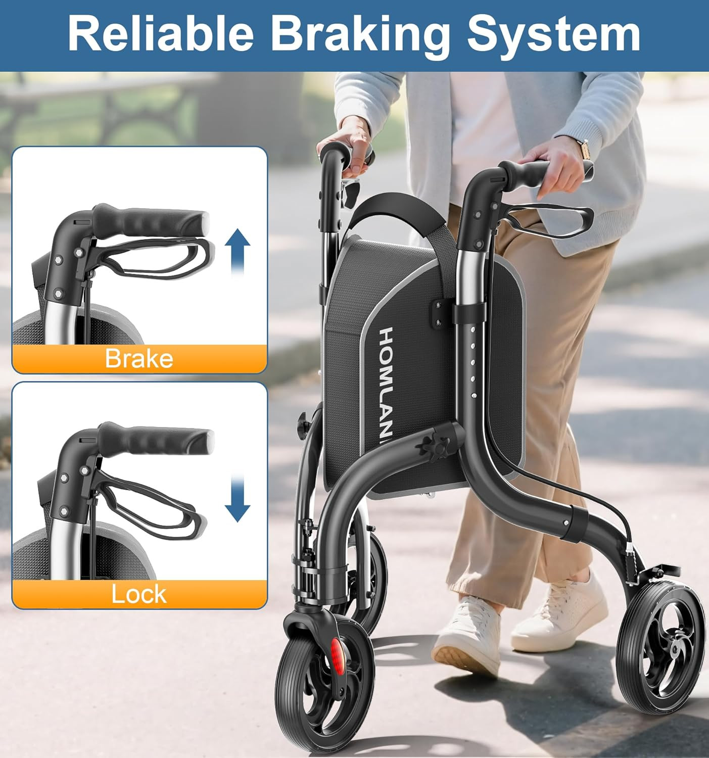 Lightweight 3 Wheel Walker for Seniors, Adjustable & Foldable with Storage Bag