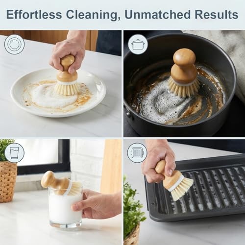 Bamboo Dish Brush with Ceramic Foaming Base, Kitchen Sink Scrub Brush White