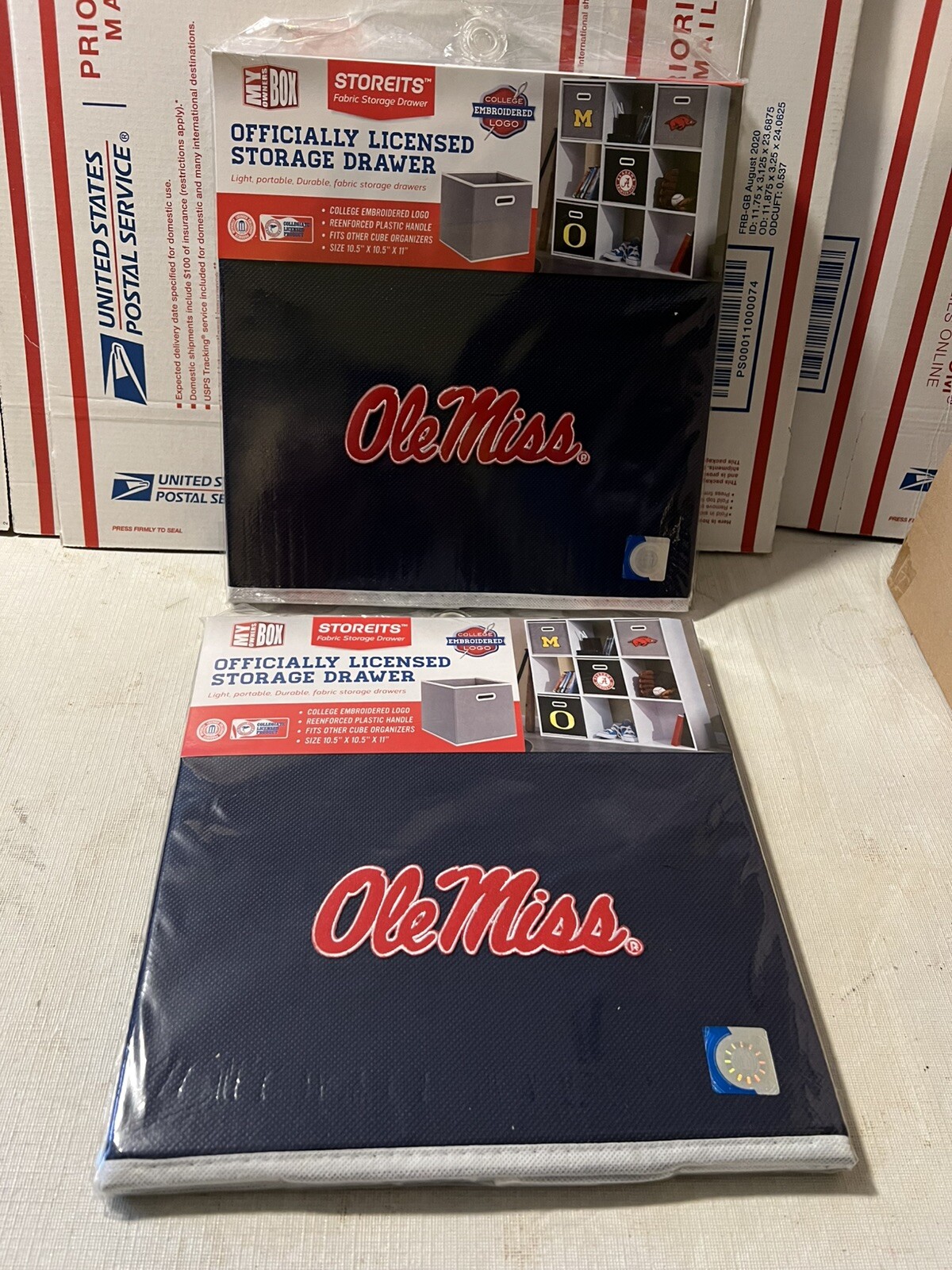 LOT OF 2 OLE MISS MISSISSIPPI FABRIC FOLDING STORAGE BIN DRAWER 10.5”x10.5”x11”