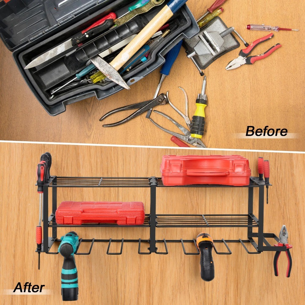 Wall Mounted Power Tool Organizer with 6 Drill Holders, Garage Tool Organizers