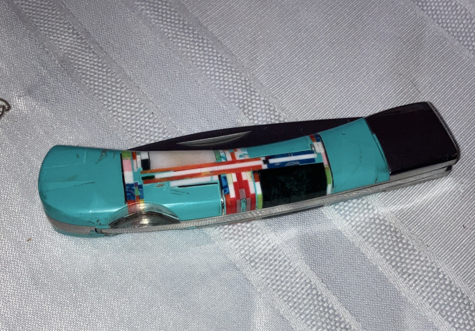 Handmade Folding Pocketknife Turquoise Inlay Handle Stainless Drop Point 3.8”