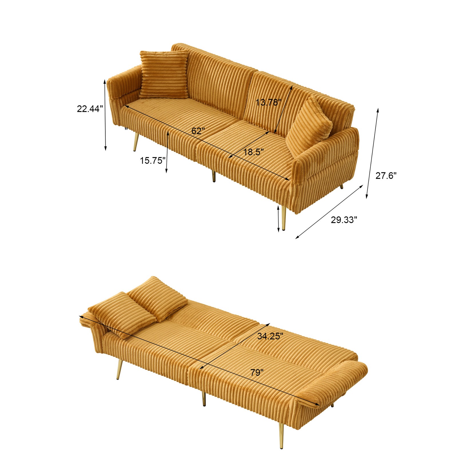 79 inch corduroy sofa bed, foldable double sofa bed with folding armrests, sui
