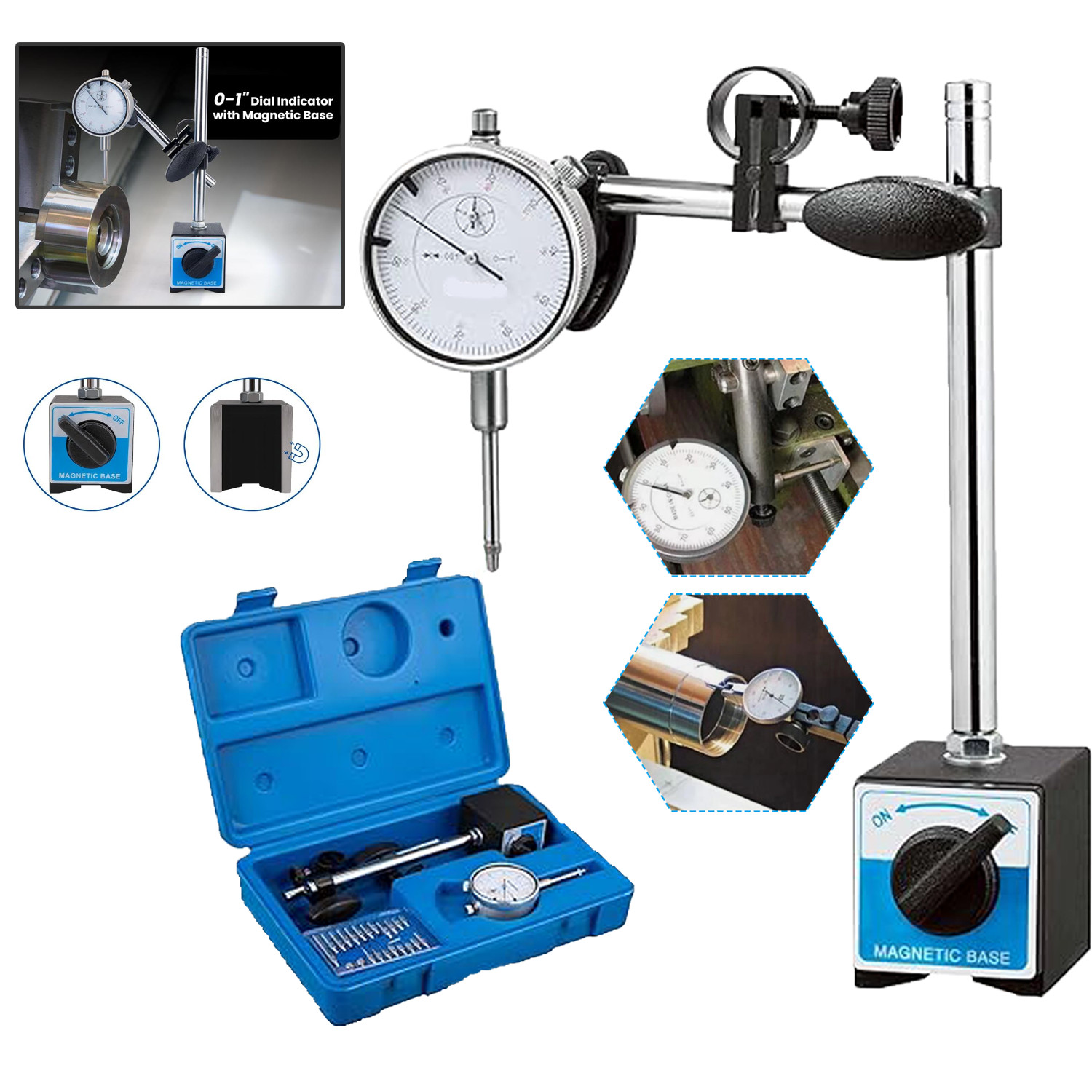 Dial Indicator with Magnetic Base 140lbs Magnetic Base with Fine Adjustable Kit