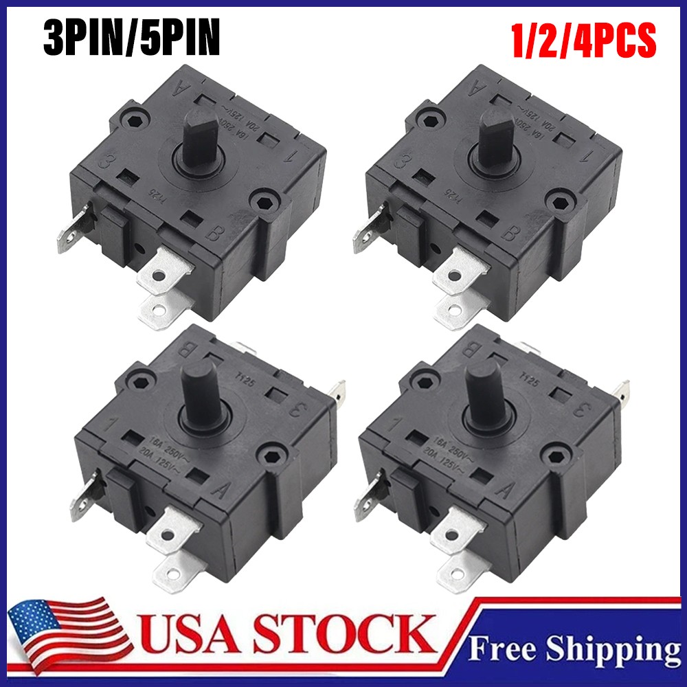 1/2/4PCS Rotary Gear Knob Switch  3/5 Pin, 250V AC 16A for Electric Heaters