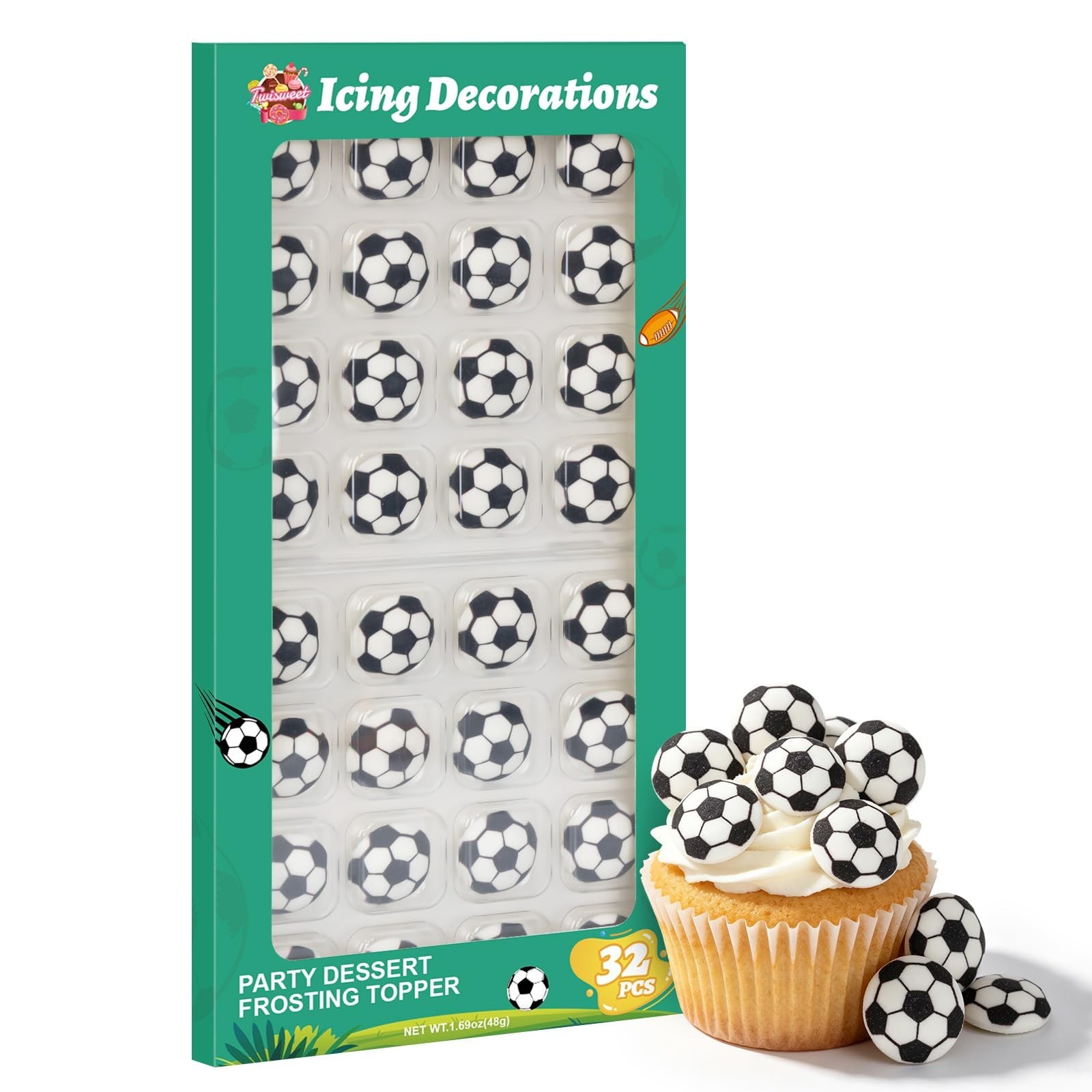 Soccer Cupcake Toppers 32 PCS, Edible Soccer Ball Cake Decorations | 3D socce...