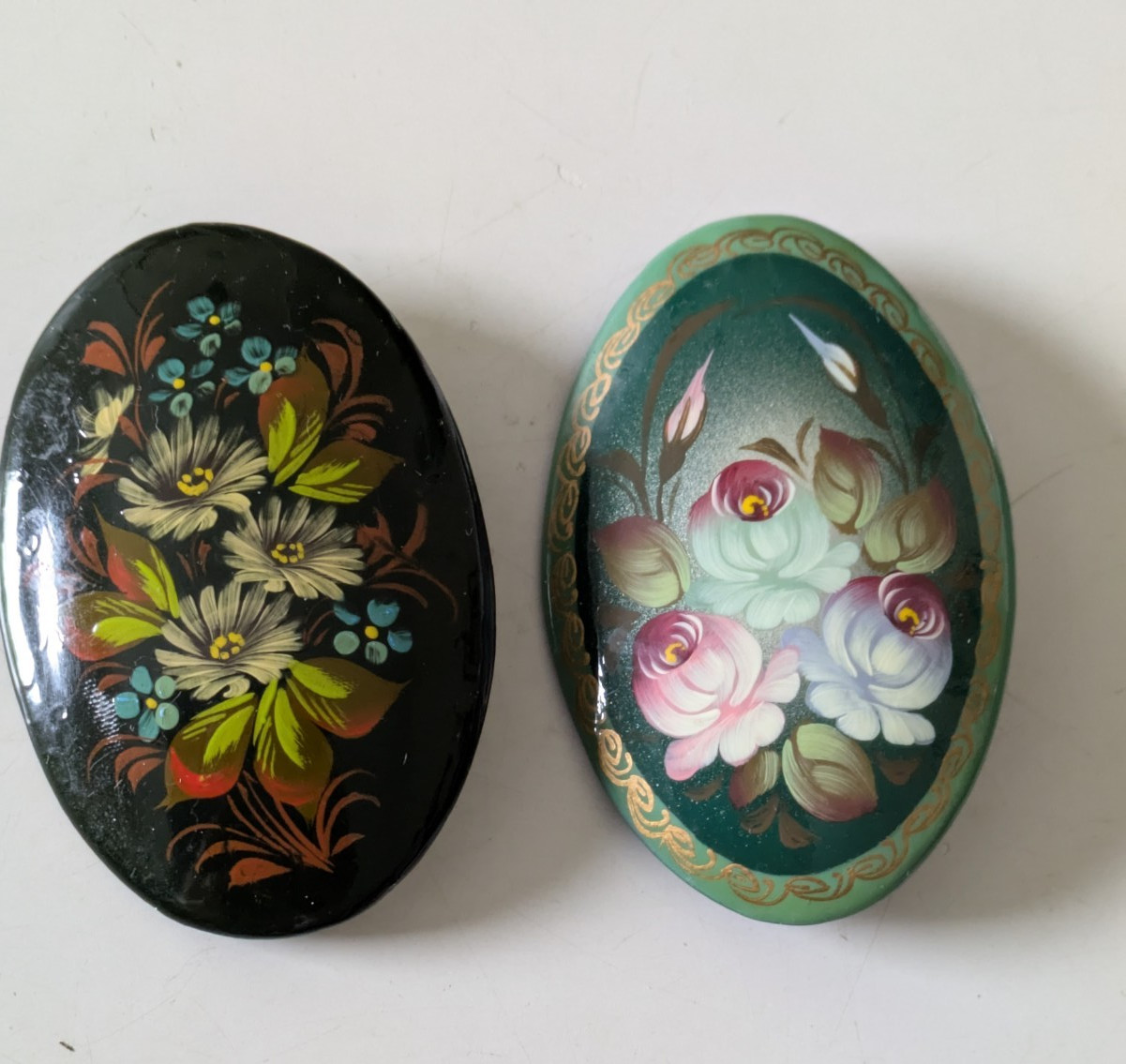 Group of 2 Handpainted Floral Spray Signed Lacquered Wood Pins