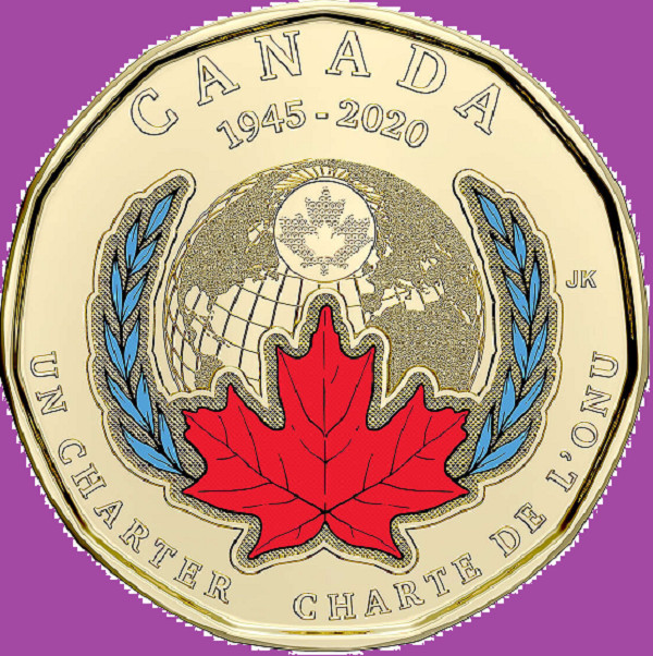 2020 Canada 75th Anniv United Nation Colored One Dollar Loonie. UNC $1 Loon