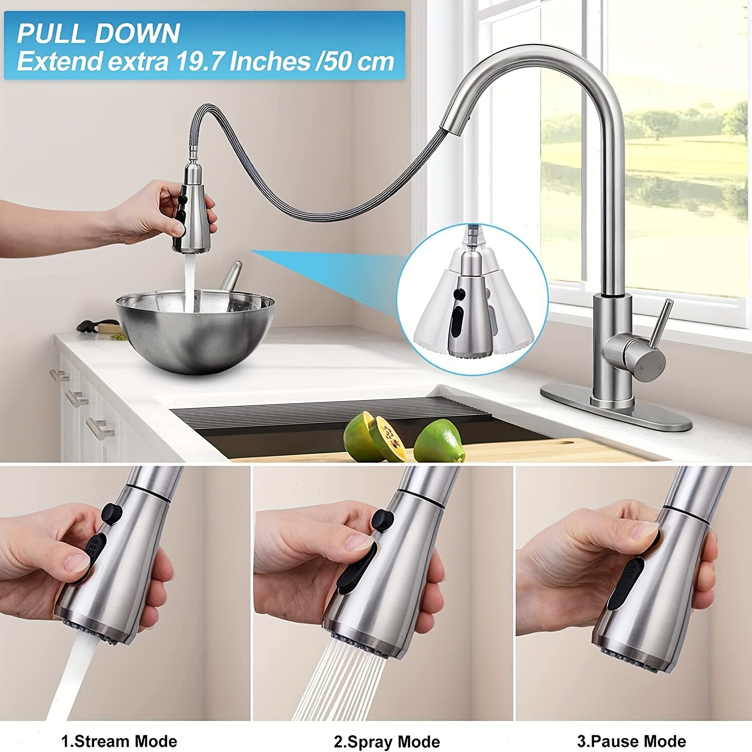 YAGATAP Kitchen Sink Faucet Pull Down Sprayer Single Handle with Cover Plate