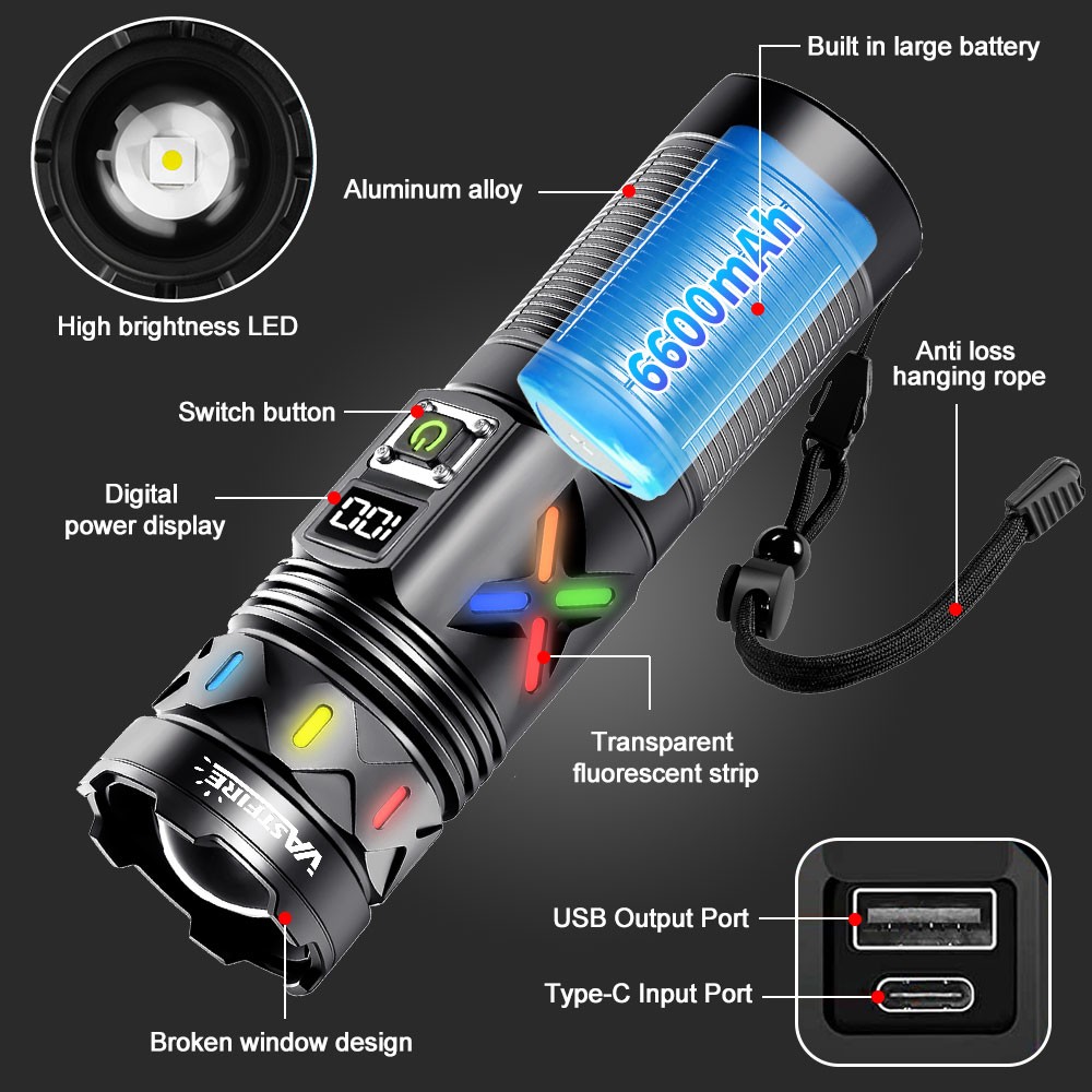 Long Range White Laser LED Flashlight Torch USB Charging Light Telescopic Zoom