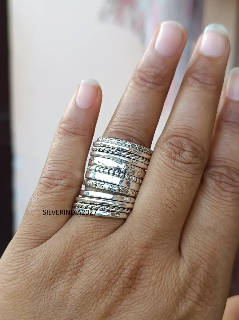 Sterling Silver Stacking Ring Set: Assorted Patterns, Thin & Thick, Handmade