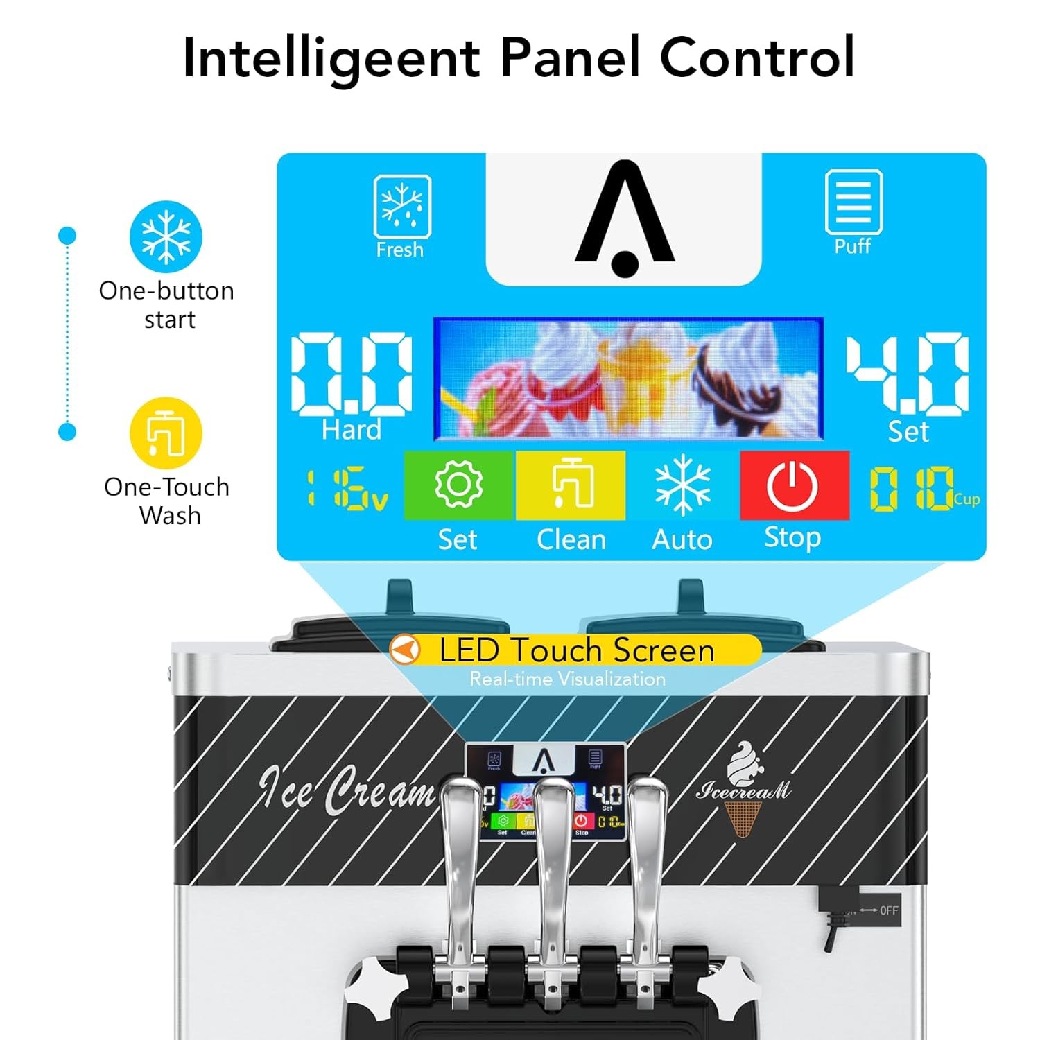 Automatic Ice Cream Maker -5.8to8 gal/ Hour LCD Panel Auto Clean Stainless Steel