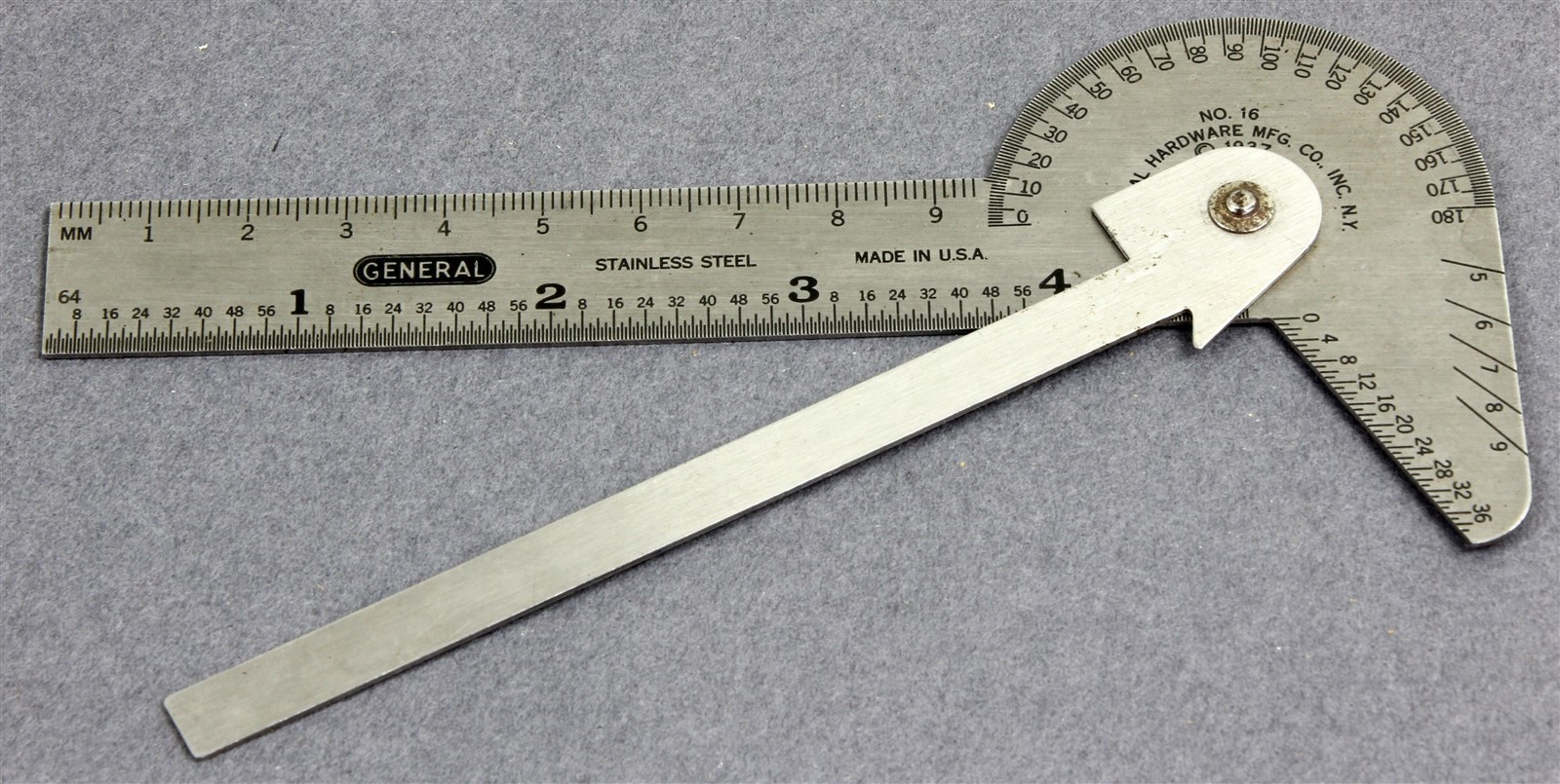 Vtg 1937 GENERAL HARDWARE #16 Stainless Steel Multi-Square Machinist Protractor