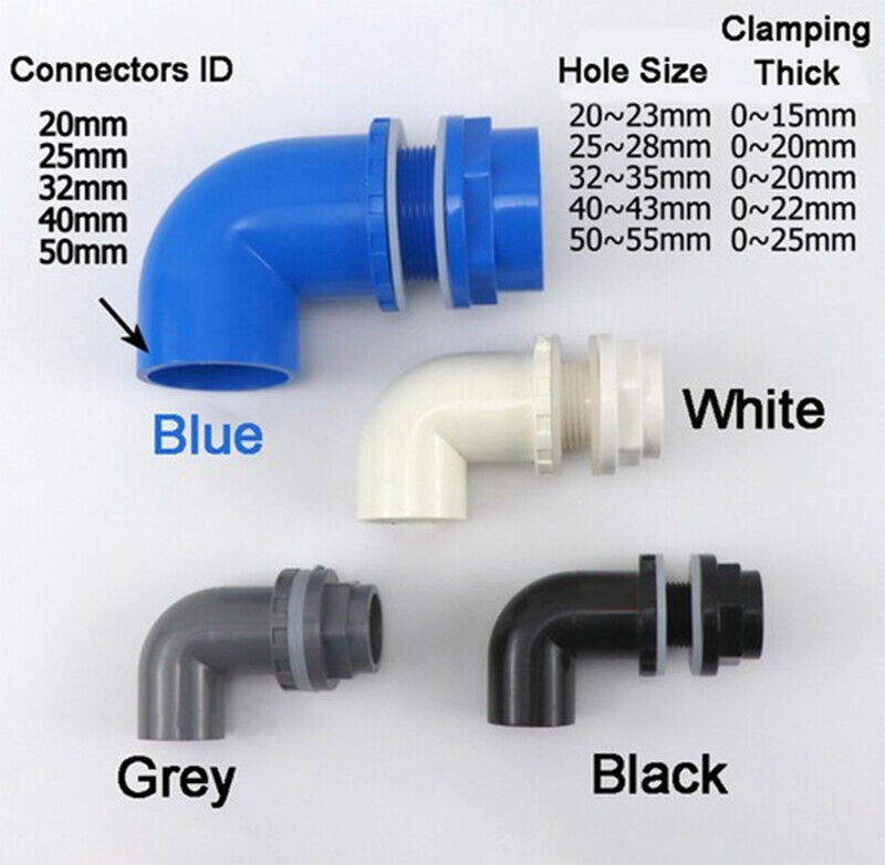 PVC 90° Elbow Bulkhead Fittings Fish Tank Inlet Outlet Water Connector 20mm-50mm
