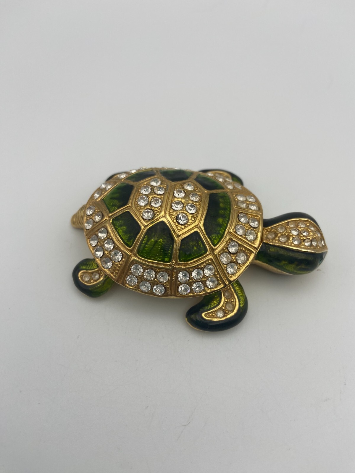 Metal Rhinestone Green Turtle Trinket Box