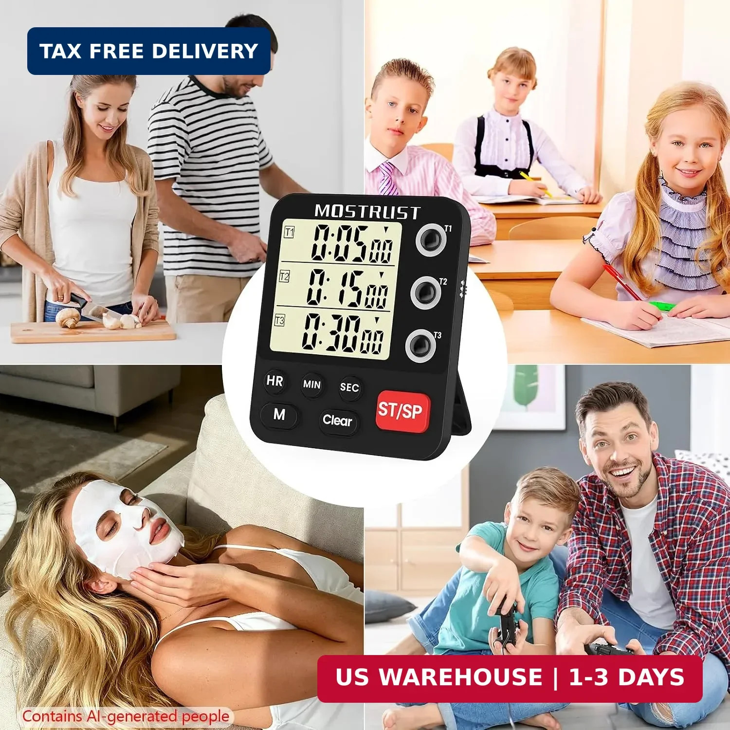 Digital Dual Kitchen Timer, Multiple Channels Countdown Timer | 3-Groups Triple