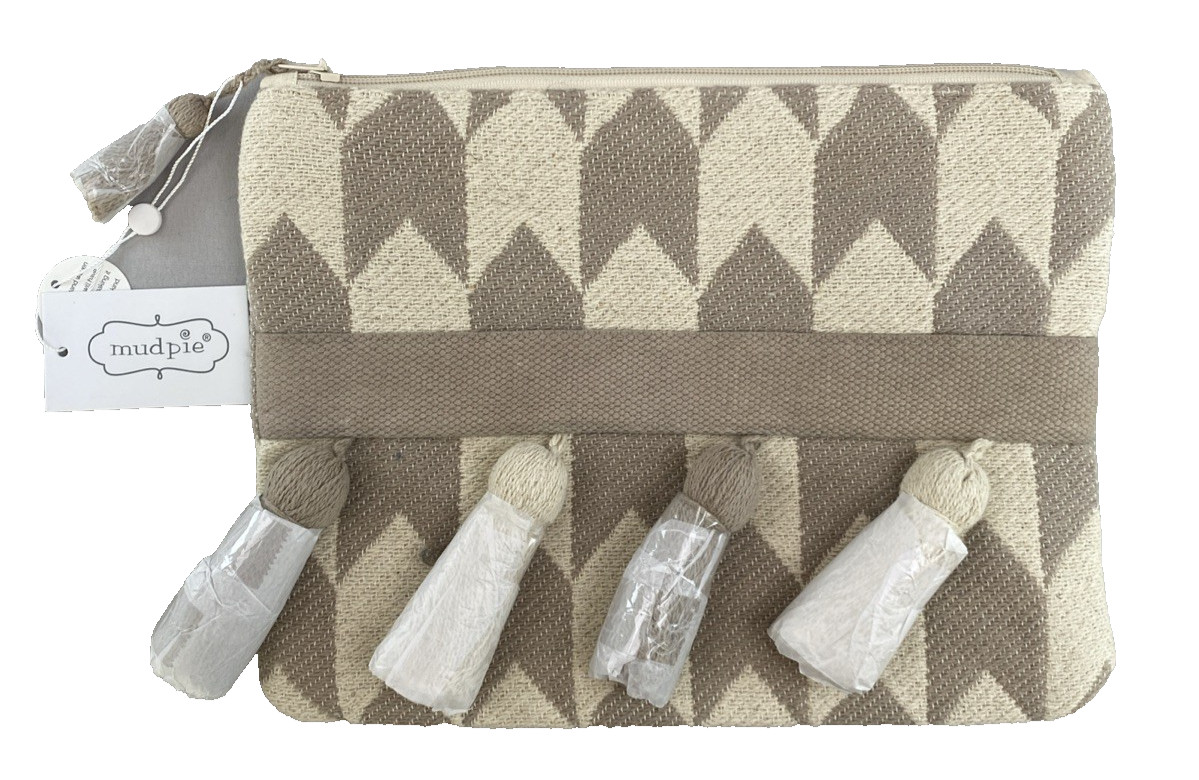 Mud Pie Boho Chevron Neutral Clutch Makeup Bag Handloom Tassell Bag Zipper NEW
