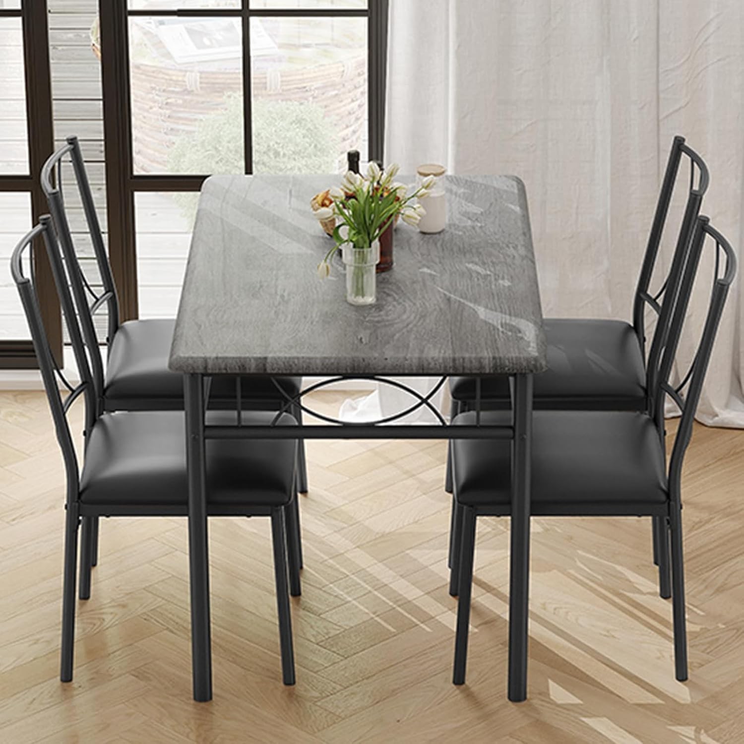 Dining Room Table Set 5-Piece Kitchen with 4 Upholstered Padded Chairs, Gray