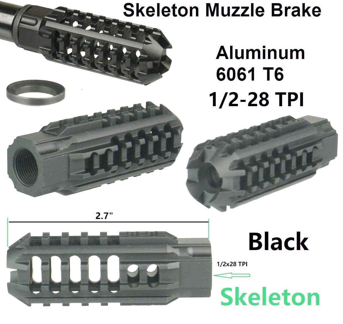 Skeleton 1/2x28 TPI Fits 22 223 556 Low Concussion Muzzle Brake Compensator