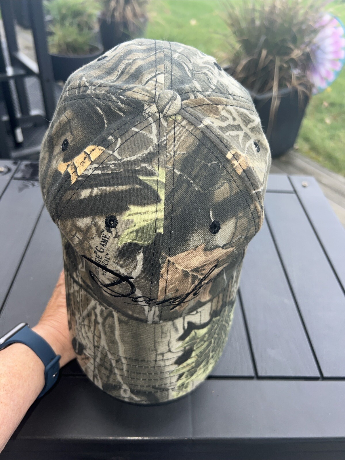 Danfloss Black Script on Camouflage Hat Cap Greens Brown Strap Buckle EUC