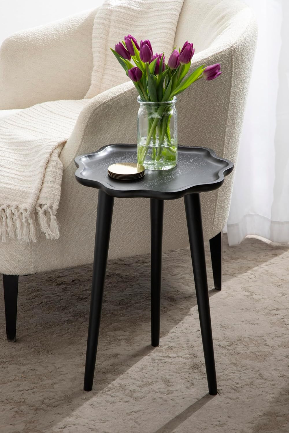 Alezar Modern Wooden round Side Table, 15 X 15 X 22, Black, Solid Wood End Table