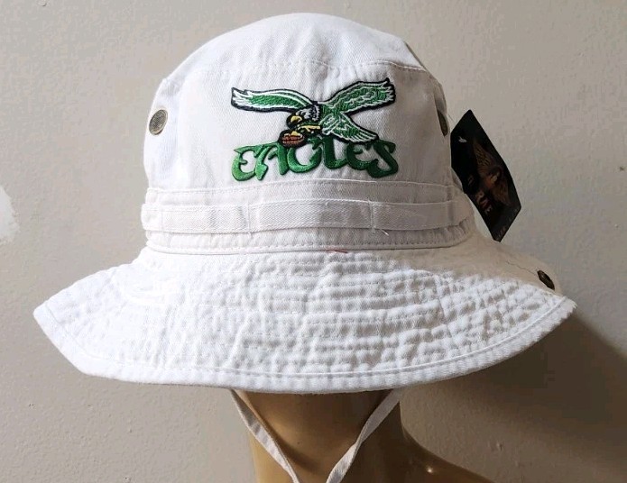 Philadelphia Eagles Throwback White Boonie Hat Side Snaps Up & Chin Strap
