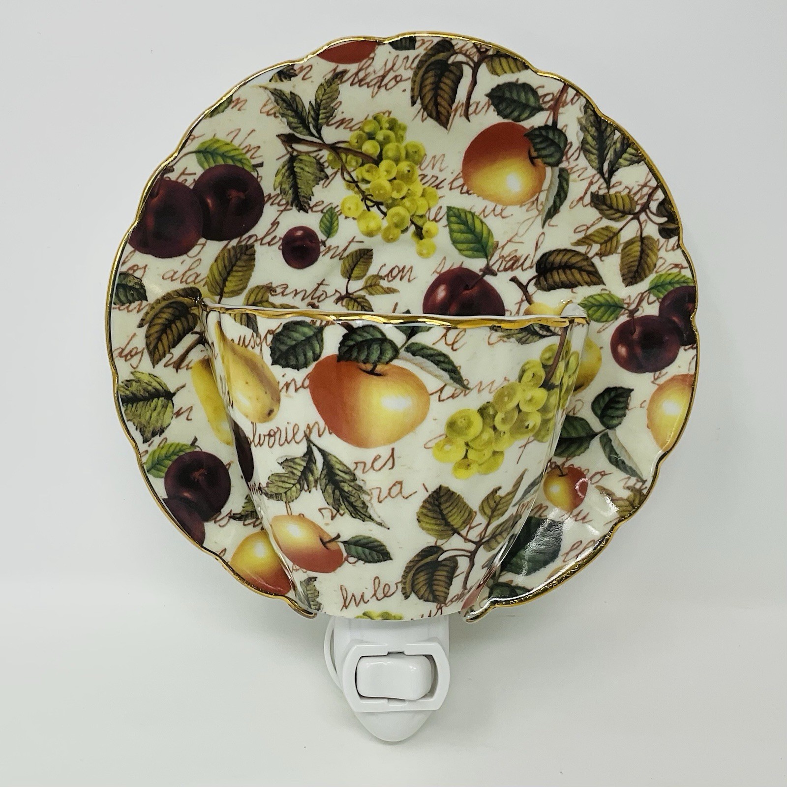 Baum Bros Formalities Night Light Tea Cup & Saucer Fruit Pattern Gold Rim Dining