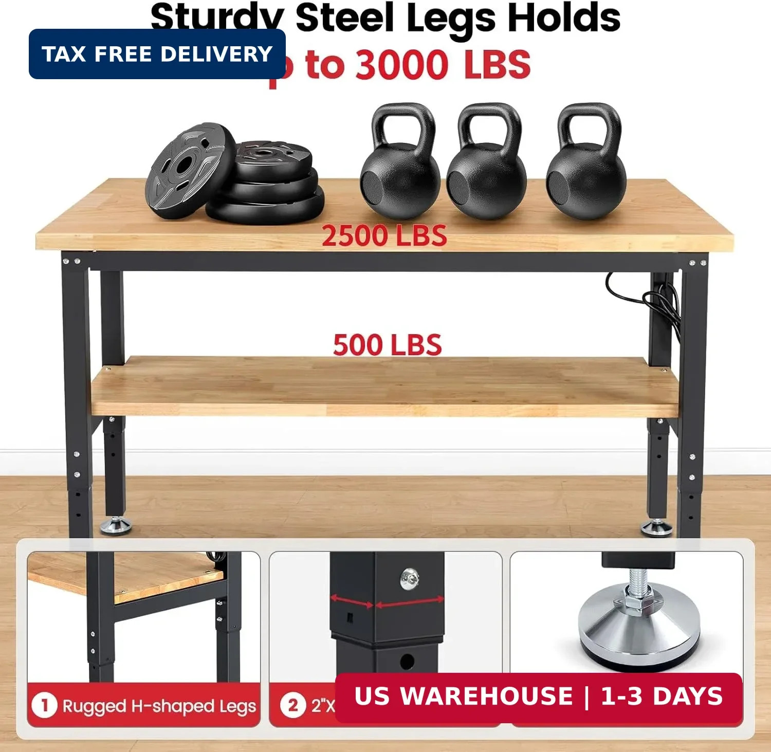60" Heavy Duty Workbench, Adjustable Height Garage Work Bench with Solid Rubberw